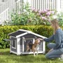 Graue PawHut Hundehütte aus Tannenholz im Garten mit Beagle und Frau. Erhöhte Basis, Asphalt-Dach, Fenster.