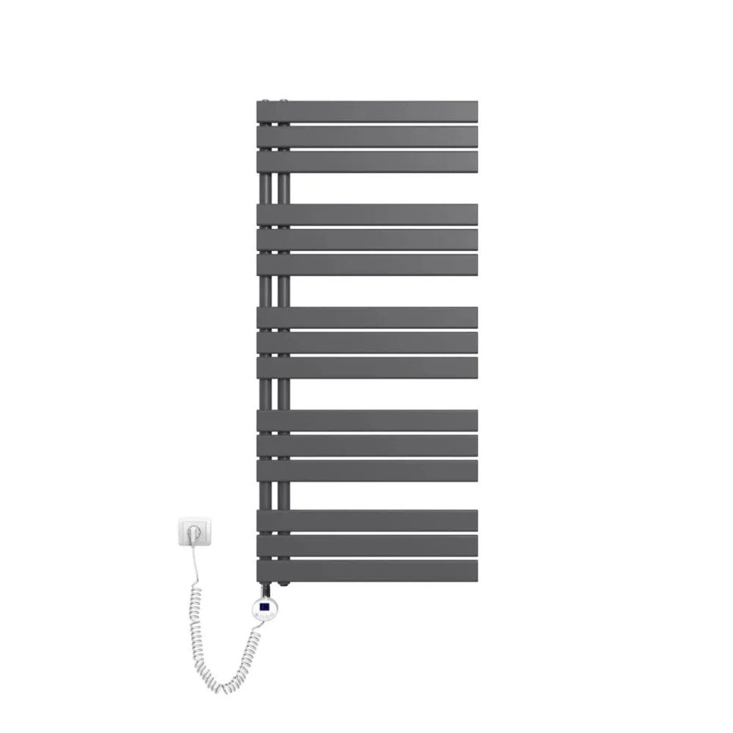 Anthrazitfarbener Emke Elektro-Badheizkörper 60x132cm mit Thermostat und Timer. Vertikaler Handtuchwärmer.