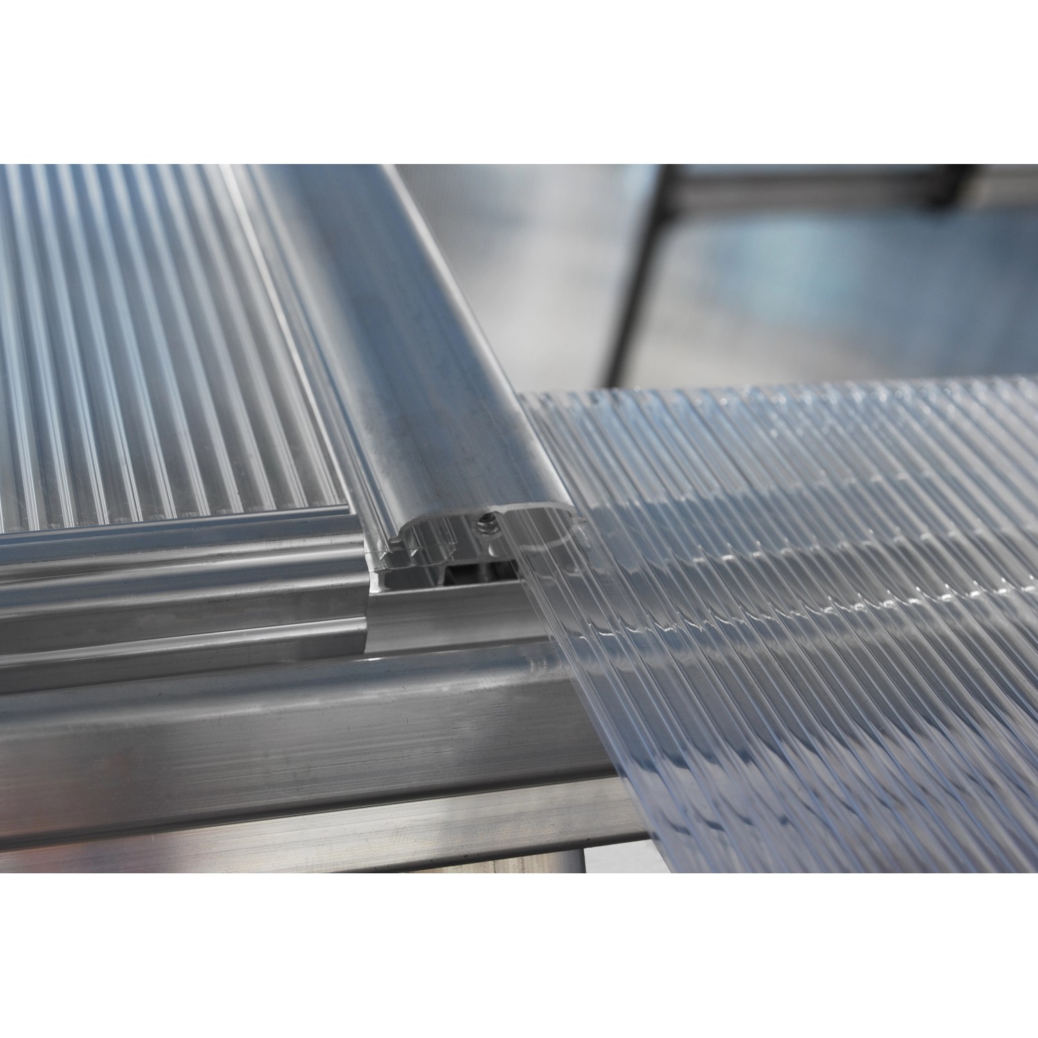 Detailaufnahme: Silbernes Palram Canopia Gewächshaus, klare Seitenwände, Aluminiumrahmen.