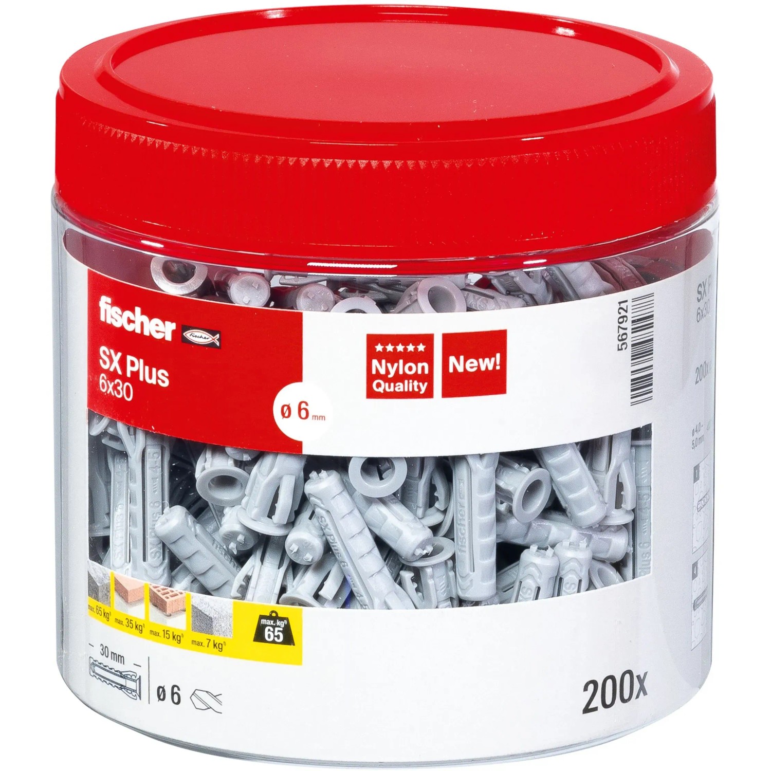 Dose mit 200 fischer Spreizdübeln SX Plus 6 x 30, geeignet für Beton und Mauerwerk.