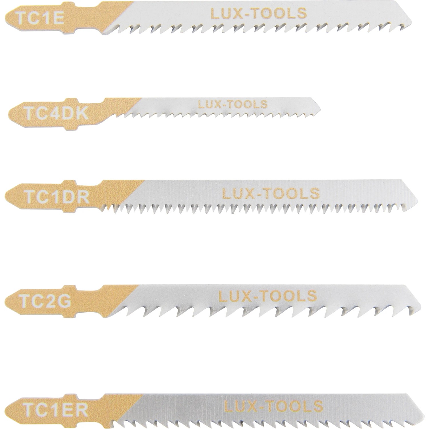 LUX Stichsägeblatt Set, 5-teilig, für Holz und Kunststoff. Verschiedene Blätter für gerade und Kurvenschnitte.