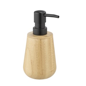 WENKO Seifenspender Maru aus Bambus mit schwarzem Pumpkopf, ideal für Bad und WC.