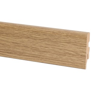 Sockelleiste Eiche, 60 mm hoch, 2600 mm lang, zur Wandbefestigung mit Clips.