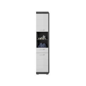 Hochschrank in Weiß-Rauchsilber (37x191x31cm) mit Regalfächern und Schubladen für Bad-Einbauschränke.