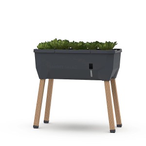 Anthrazitfarbenes Gusta Garden Hochbeet Sammy Salad 40L mit Salatpflanzen und Holzbeinen.