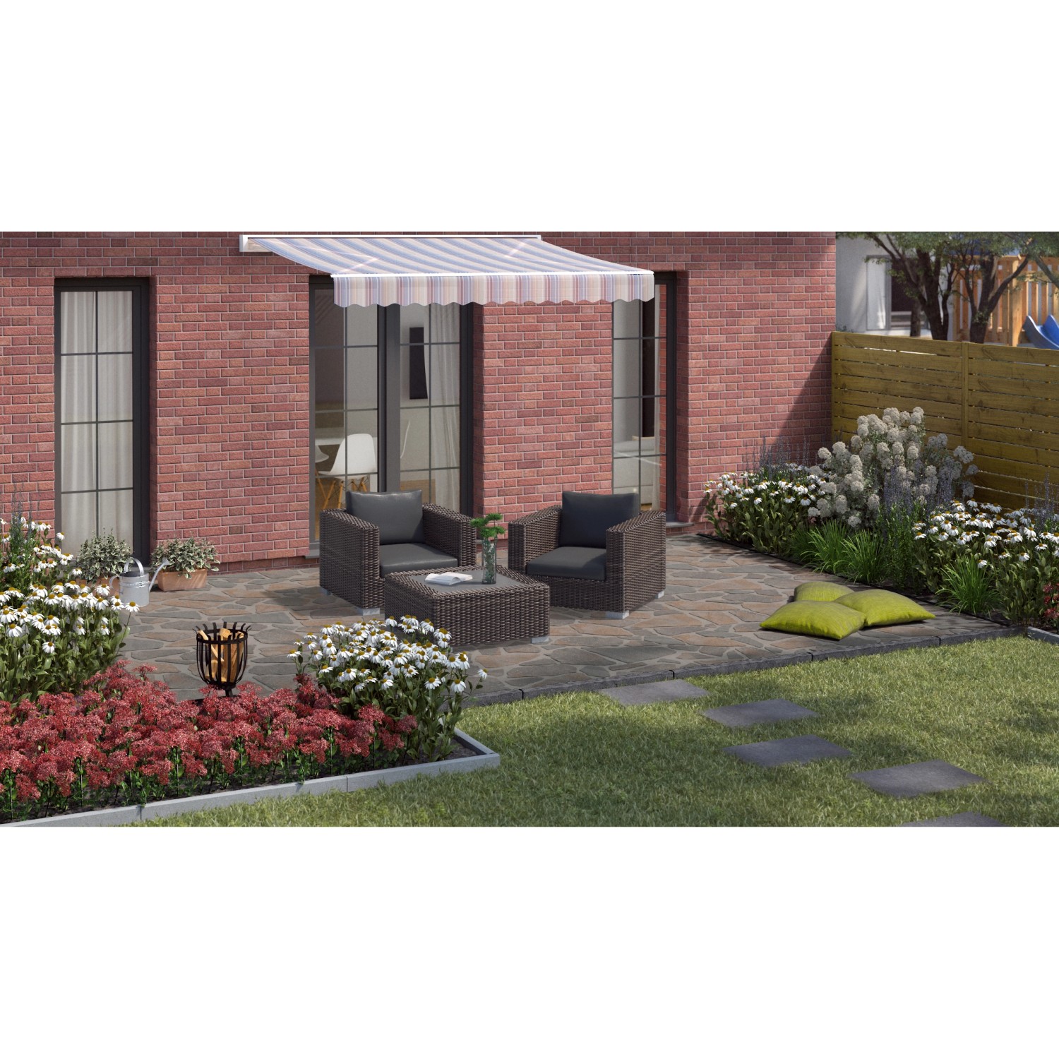 Verlegte Porphyr-Polygonalplatten rot-bunt (20-40mm) auf einer Terrasse mit Gartenmöbeln.