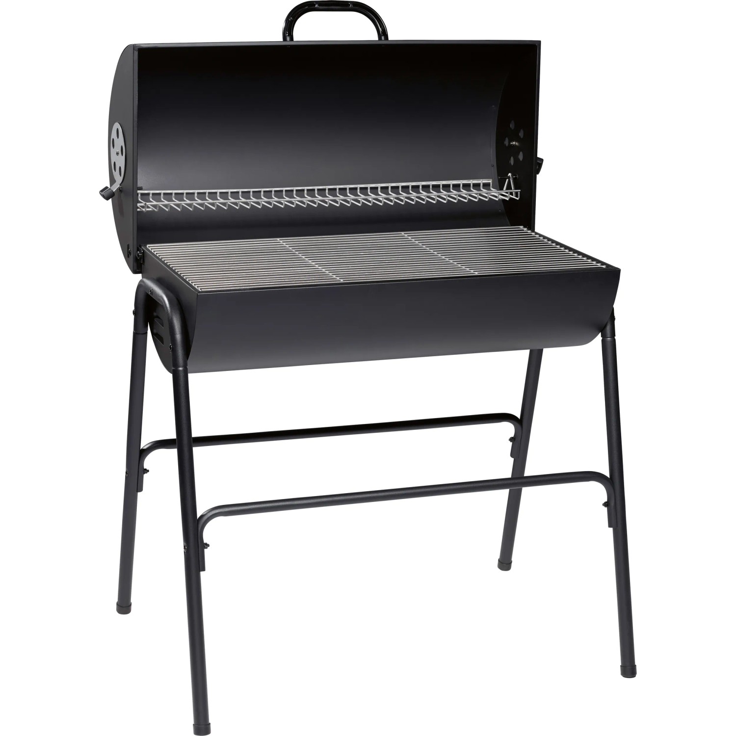 Schwarzer Holzkohlegrill in Fassform mit geöffnetem Deckel und Grillrost.