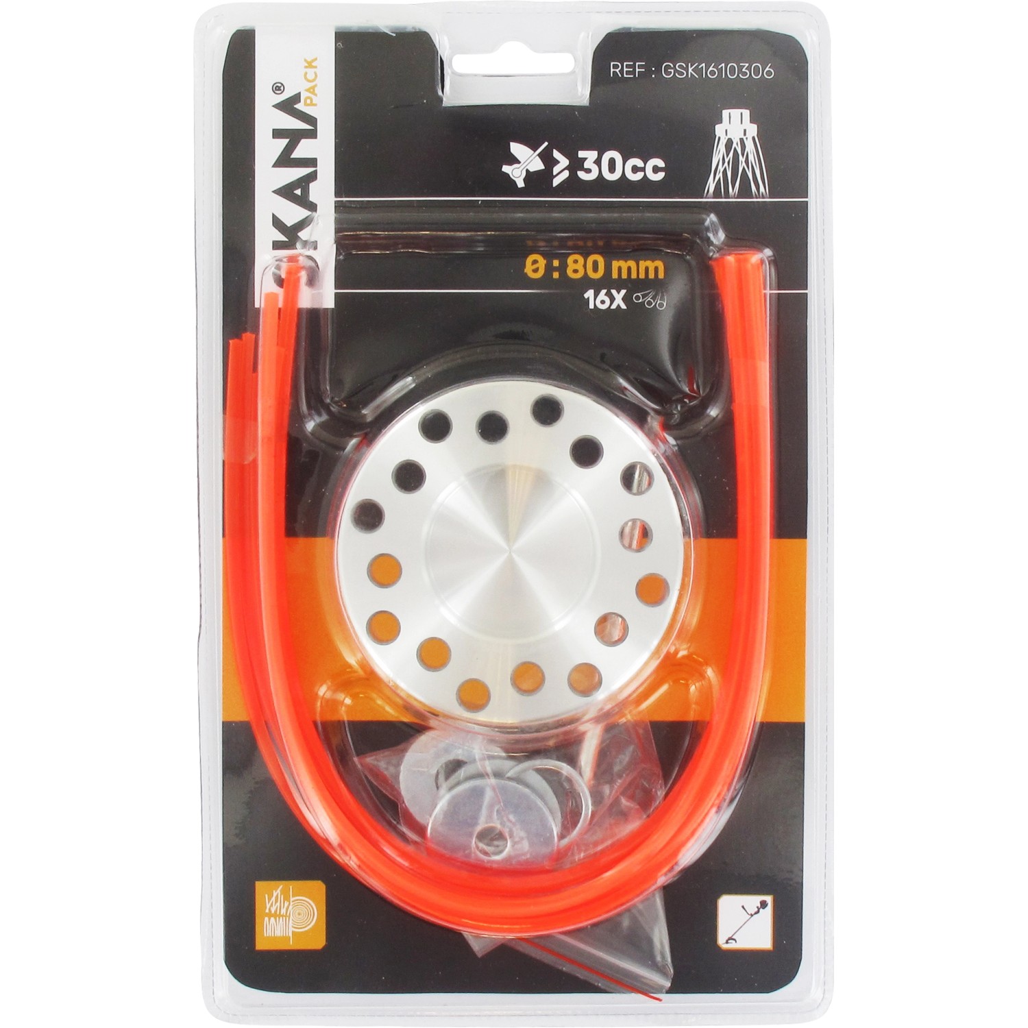 Skana Fadenkopf zur Unkrautbeseitigung, inklusive Montagezubehör und Nylonfäden.