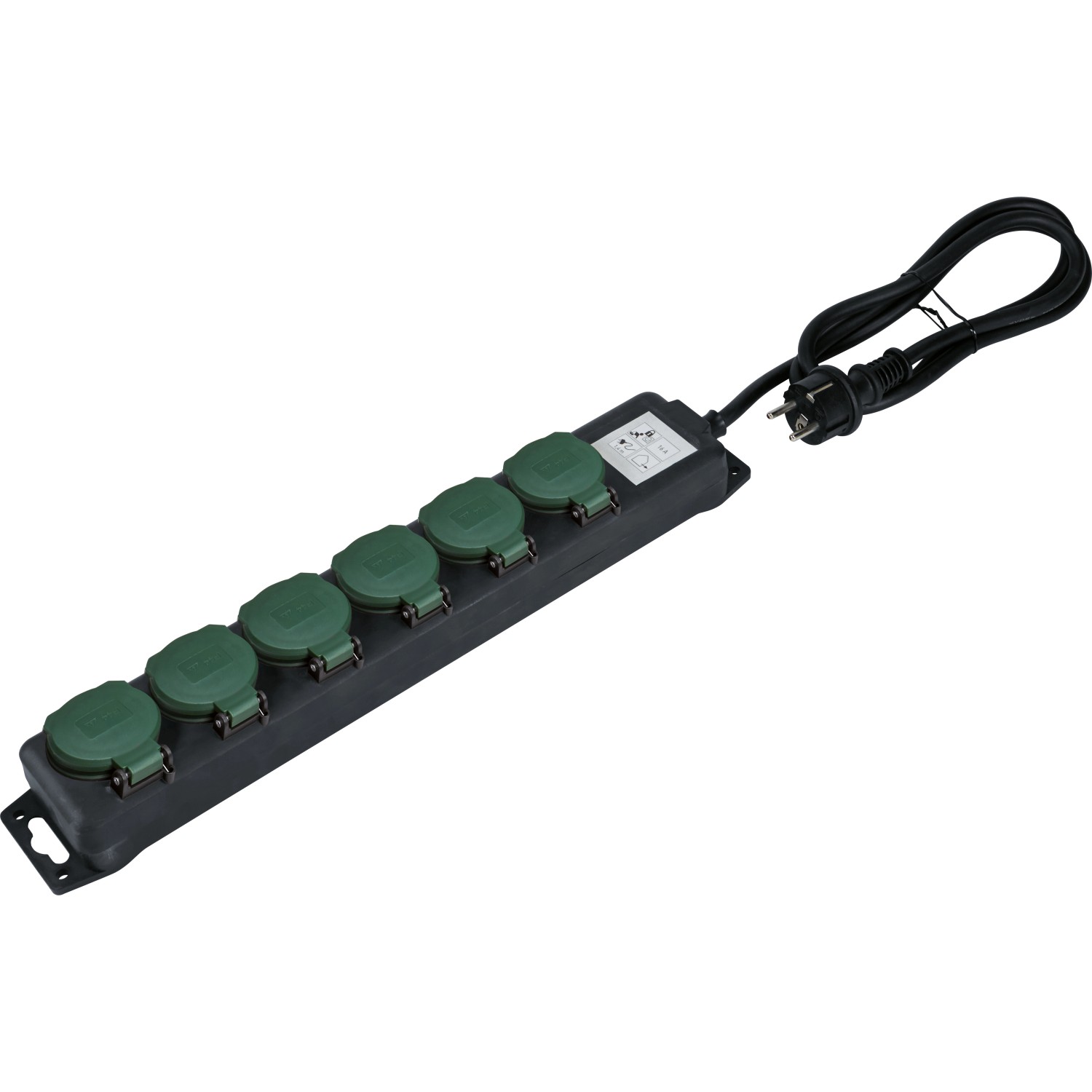 Schwarze 6-fach Steckdosenleiste mit grünen Schutzdeckeln und Kabel für den Außenbereich.