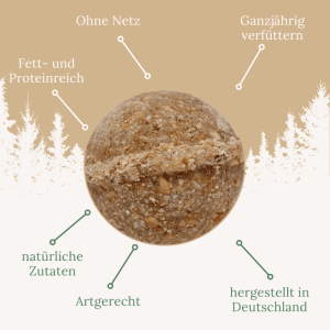 Runder Orni Meisenknödel mit sichtbaren Insekten und Samen, ohne Netz. Fettreiches Wildvogelfutter für ganzjährig.