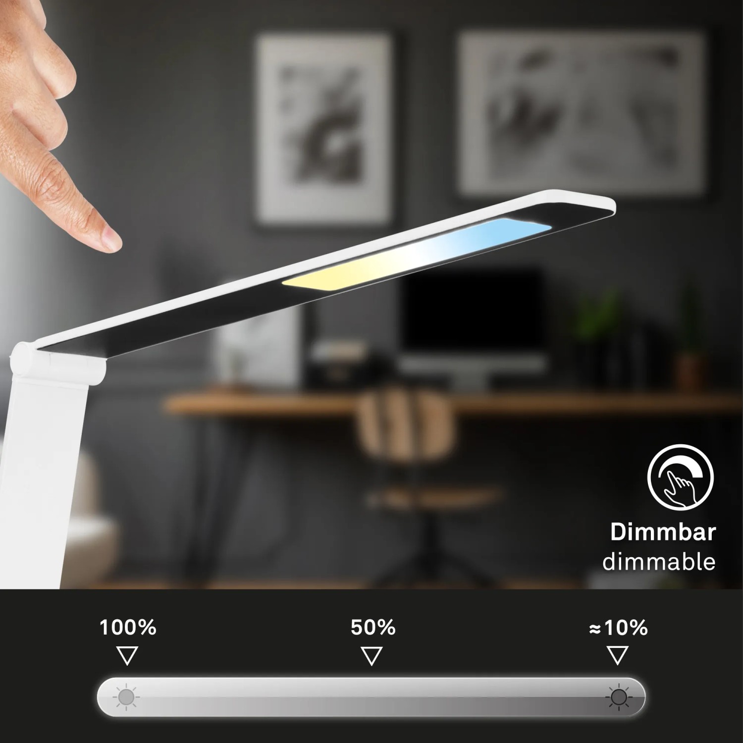 Weiße Brilo LED Schreibtischleuchte Cuma mit Touch-Dimmer und induktiver Ladefunktion.