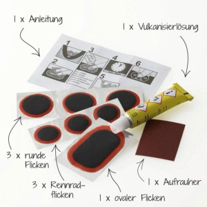 Fischer Flickbox 9-teilig: Fahrradflicken Set mit runden, ovalen und Rennradflicken, Vulkanisierlösung und Schleifpapier.
