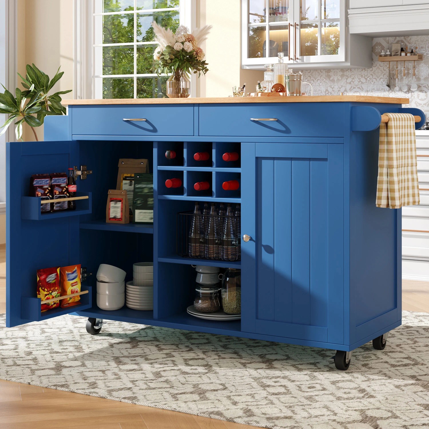 okwish Kücheninsel mit Speicherraum Multifunktion Küche 102x45x92cm Blau_4