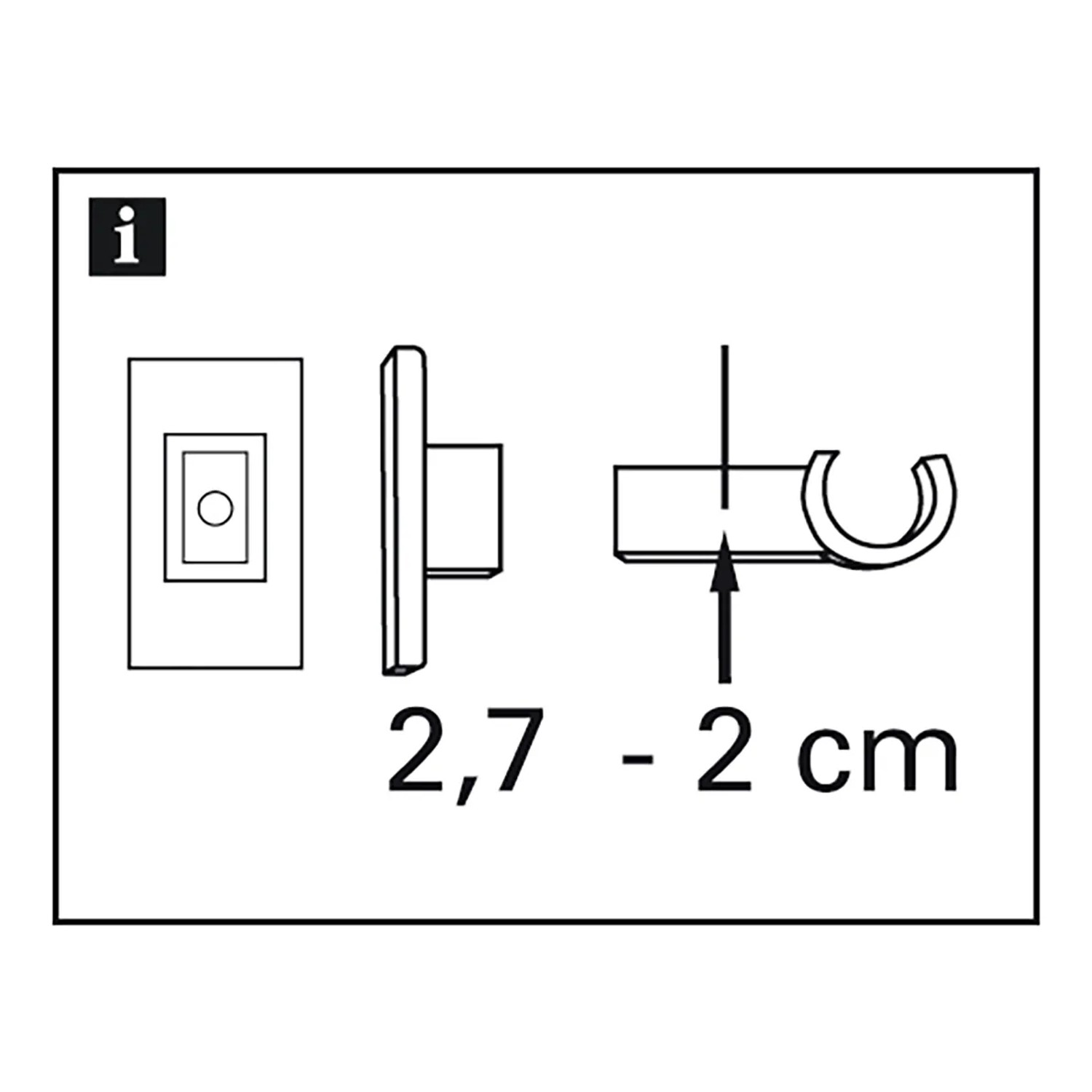 Skizze: Gardinia Träger für Caféhausstange California, Maße und Montagearten dargestellt.
