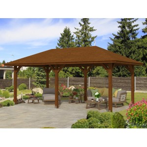 Holz-Pavillon Orleans Nussbaum lasiert, 294x576 cm. Gartenlaube mit solider Holzkonstruktion im Garten.