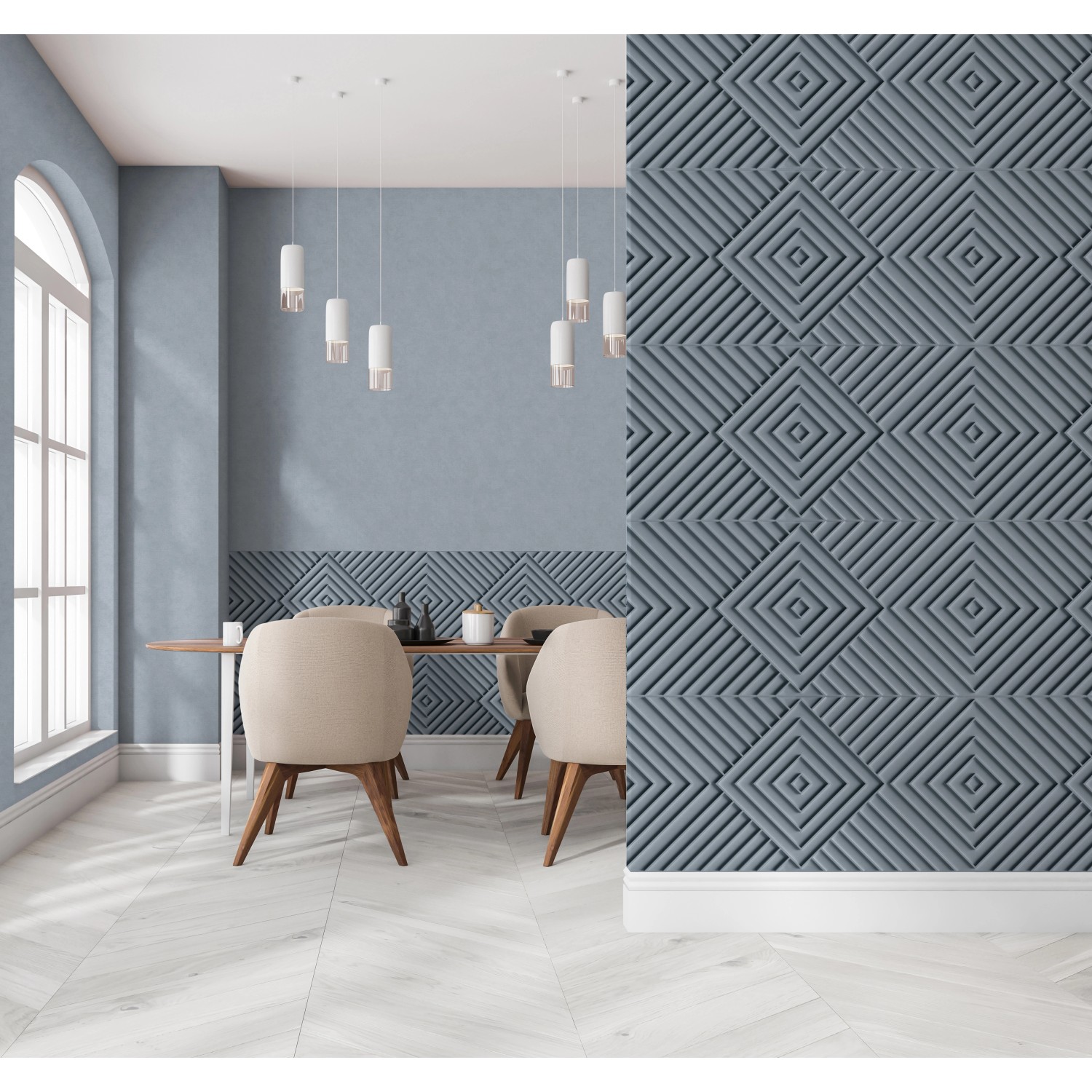 Blaue Marburg Vliestapete mit grafischem Muster im modernen Raum.