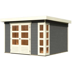 Karibu Gartenhaus Sölve, terragrau, mit Flachdach und Doppeltür. Holzhaus für Garten oder Geräte.