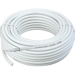 Schwaiger Koaxialkabel, Ø 6,8 mm, 10 m, weiße Kabelrolle mit angeschnittenem Kabelende.