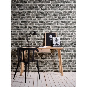A.S. Creation Vliestapete Neue Bude 2.0 Bruchstein Grau an Wand hinter Schreibtisch.