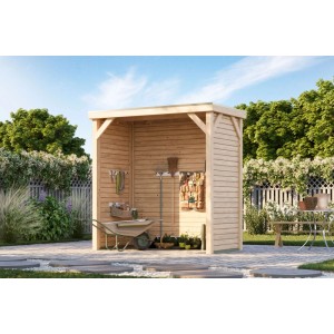 Karibu Pavillon Kvadrat aus Naturholz, 243x231x124,5 cm, mit Gartengeräten und Schubkarre im Garten.