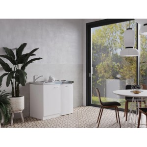 Respekta Miniküche Pantry 100S, 100 cm, Weiß, mit Spüle, Kochfeld und Kühlschrank. Ideal für kleine Räume.