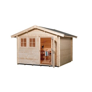 Unbehandeltes Weka Holz-Gartenhaus mit Satteldach und geöffneter Doppeltür.