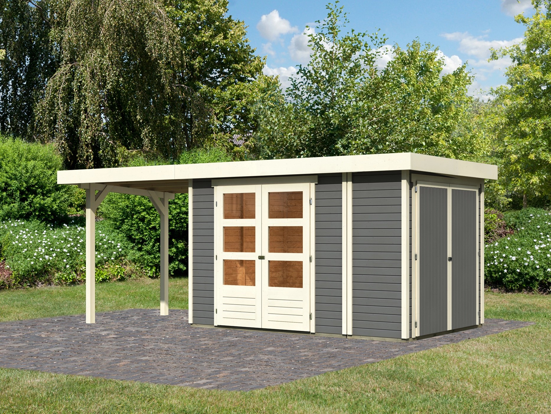 Karibu Gartenhaus Set Retola 3 Terragrau mit Anbauschrank 240 cm Breit