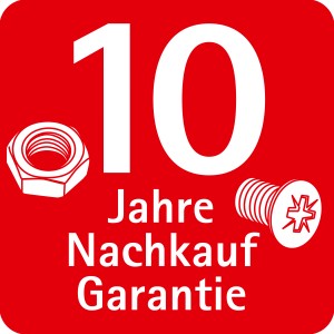 Symbol für 10 Jahre Nachkaufgarantie mit Schraube und Mutter auf rotem Grund.