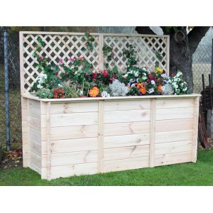 Promadino Hochbeet 1,6m mit Rankgitter, Naturholz, bepflanzt mit bunten Blumen.