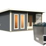 Karibu Saunahaus Magnus 5 Set A terragrau mit Ofen und externer Steuerung.