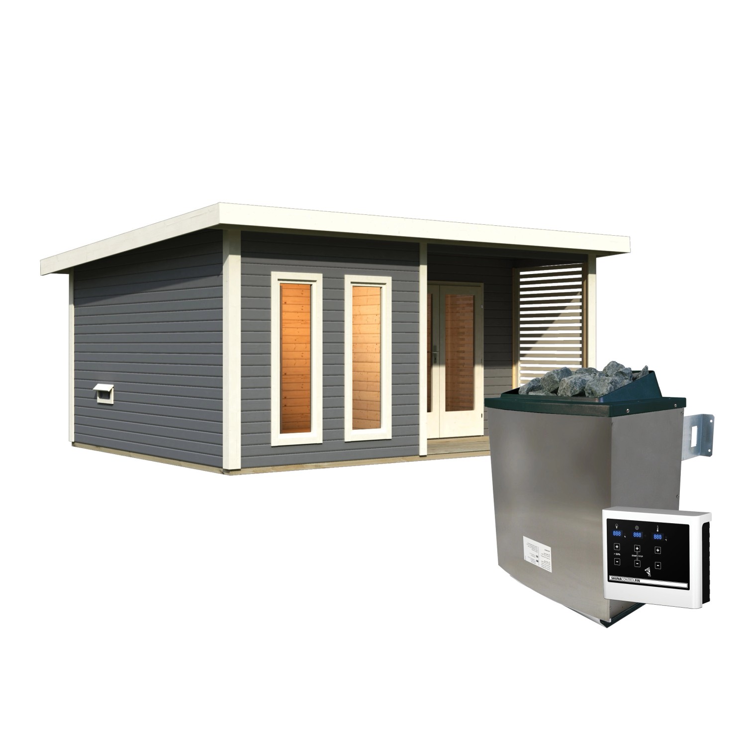 Karibu Saunahaus Magnus 5 Set A terragrau mit Ofen und externer Steuerung.