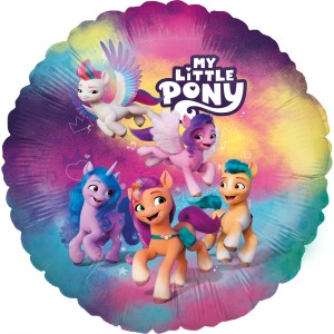 Runder My Little Pony Folienballon (Ø 45cm) mit fünf Ponys auf buntem Hintergrund.