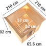 Karibu Sauna Rikka mit Ofen, naturbelassene Massivholzsauna mit integrierter LED-Beleuchtung und Maßangaben.