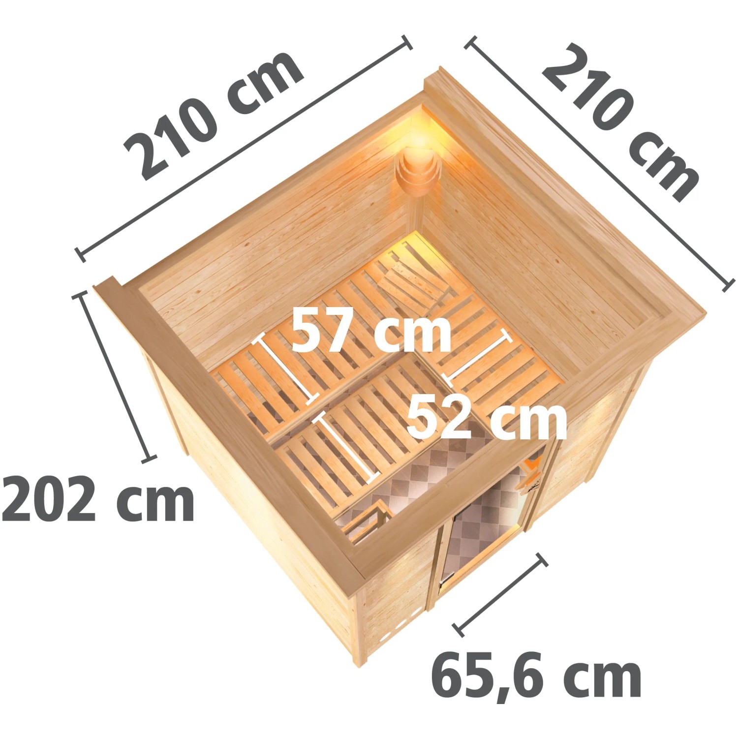 Karibu Sauna Rikka mit Ofen, naturbelassene Massivholzsauna mit integrierter LED-Beleuchtung und Maßangaben.