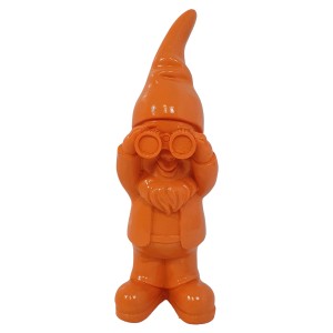 Orangefarbener Deko-Zwerg mit Fernglas, 38 cm hoch, für die Gartendekoration.