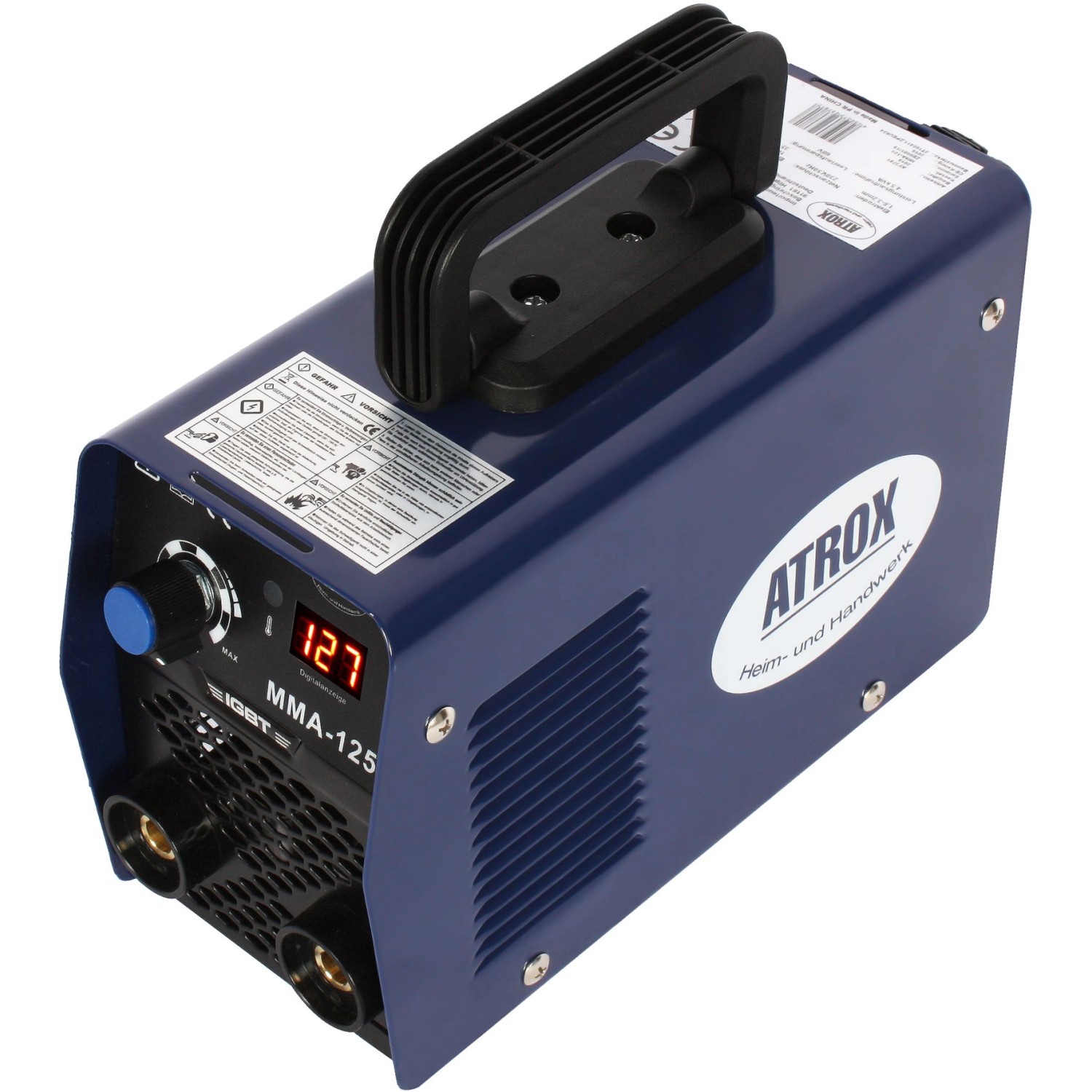 Blaues Atrox IGBT Inverter-Schweißgerät 4,5 kVA mit Tragegriff und Digitalanzeige.