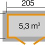 Grundriss Weka Gartenhaus 265: Maße 205x115 cm, 5,3 m³ Volumen. Ideal für kleine Gärten.