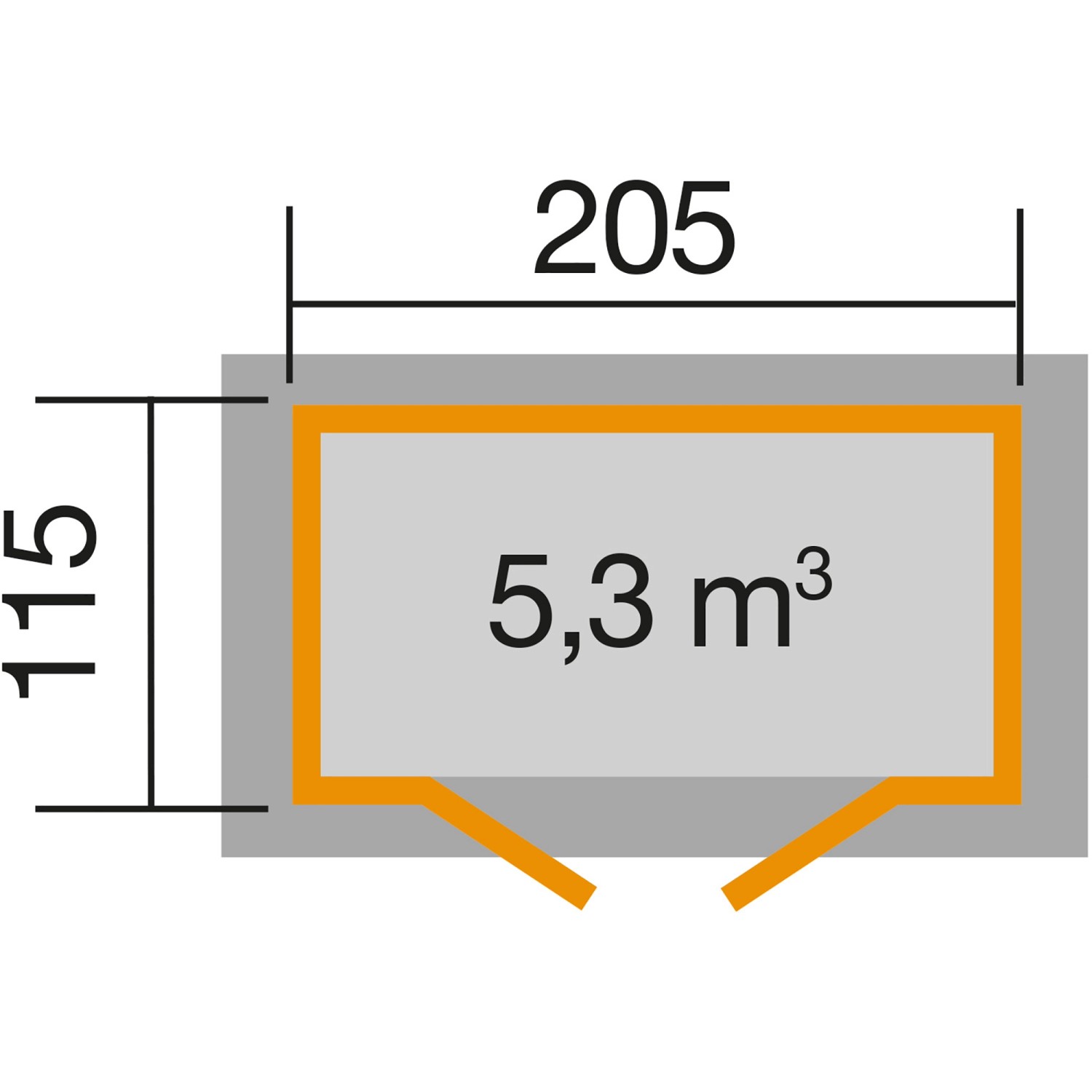 Grundriss Weka Gartenhaus 265: Maße 205x115 cm, 5,3 m³ Volumen. Ideal für kleine Gärten.