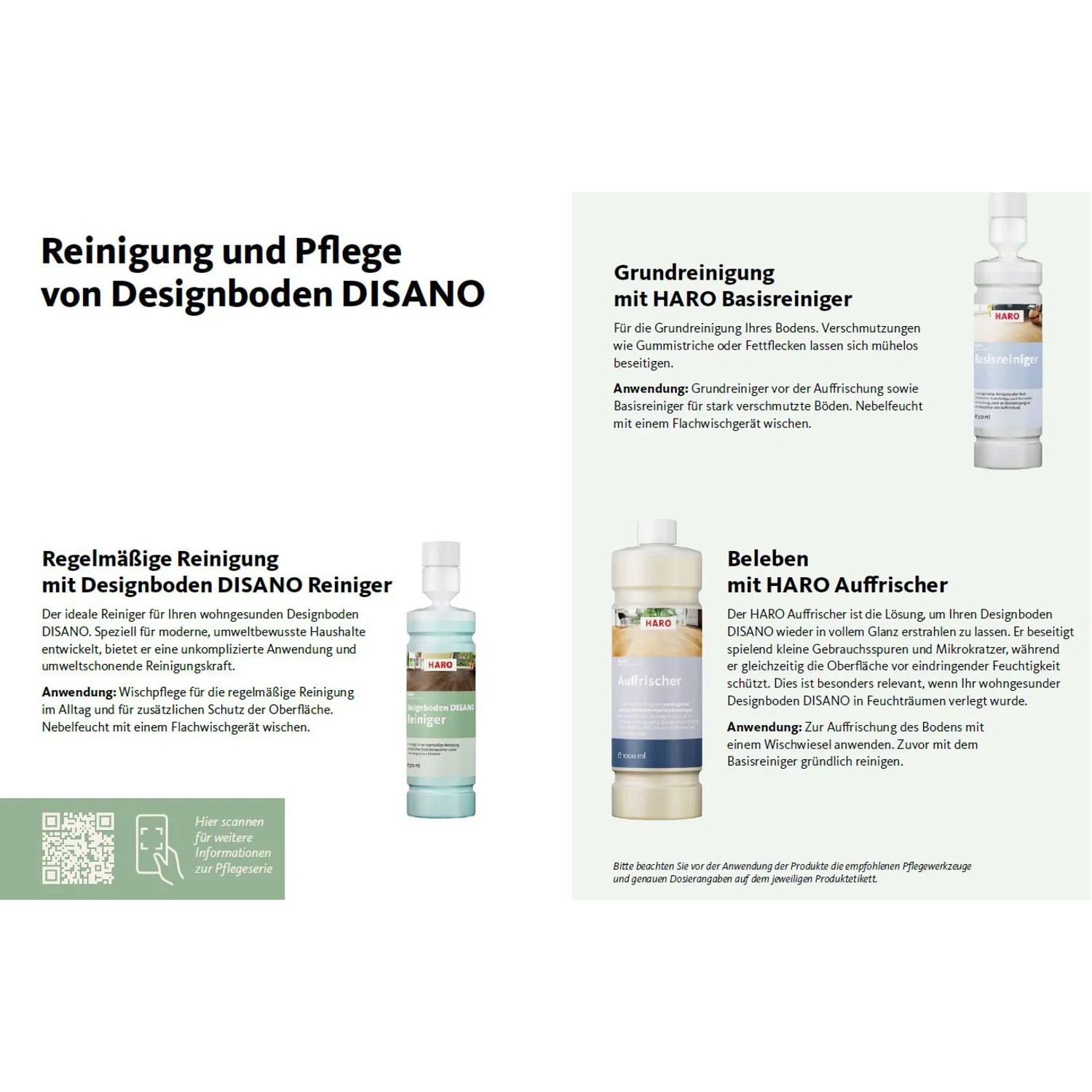 Reinigungsmittel für HARO Designboden DISANO: Basisreiniger, Auffrischer und Reiniger für die regelmäßige Pflege.