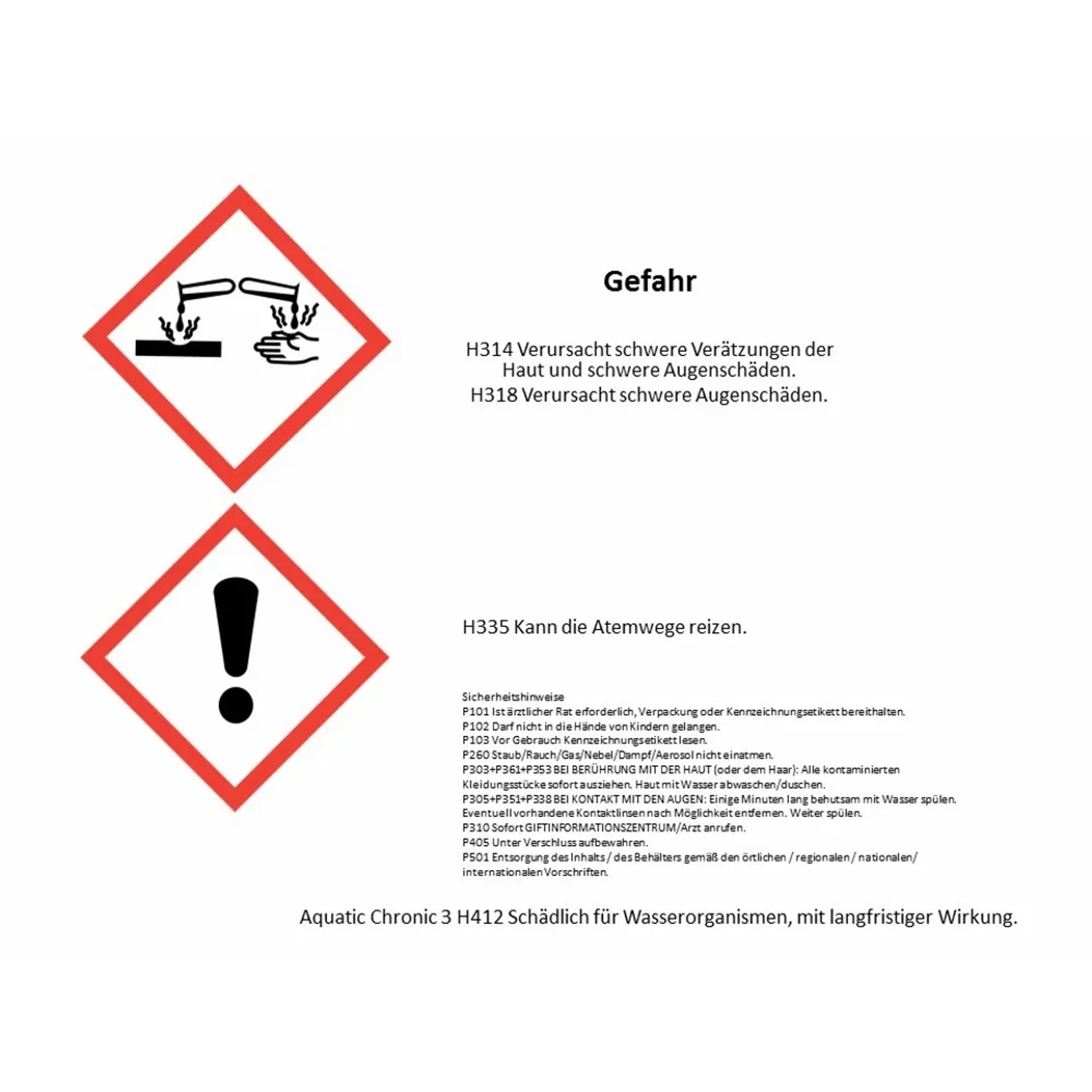 Gefahrzeichen: Ätzend, Reizend. Warnhinweise beachten!