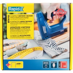 Rapid Akku-Tacker BTX10 im Karton, geeignet für Polsterarbeiten und Textilien.