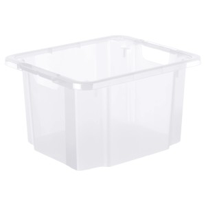 Transparente Rotho Drehstapelbox Reverso, 26 l, für platzsparende Aufbewahrung.