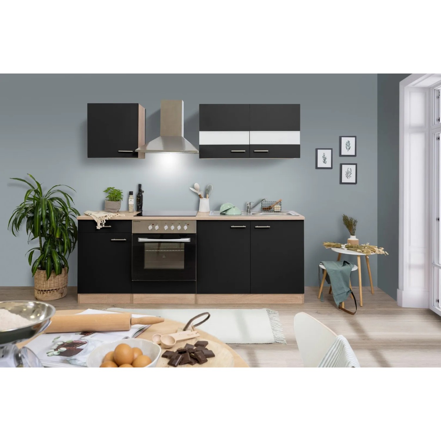 Respekta Küchenzeile KB210ESSC, 210 cm, Schwarz und Eiche Sägerau Nachbildung. Inklusive E-Geräte.