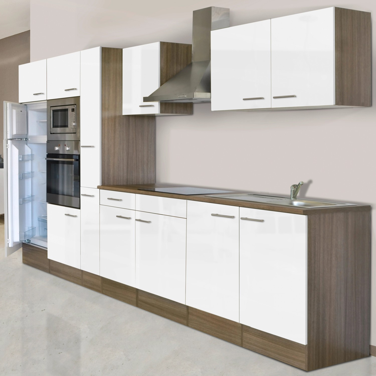 Respekta Küchenzeile KB360EYWMIGKE, 360 cm, Weiß Seidenglanz/Eiche York Nachbildung mit E-Geräten.