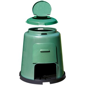 Grüner Garantia Schnellkomposter 280 l mit Klappdeckel und Entnahmetür.