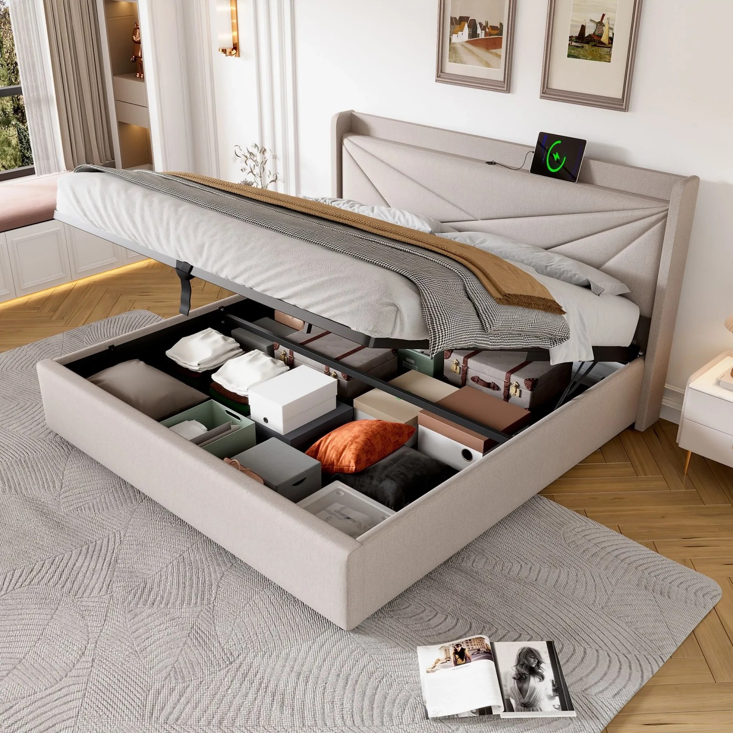 okwish Polsterbett 160x200cm mit Stauraum USB C Jugendzimmer Beige ohne Matratze_3