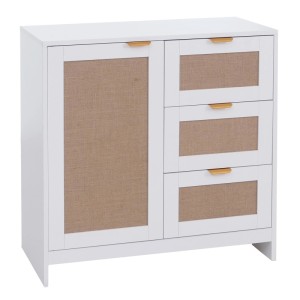 Weiße Kommode mit Leinenfront, drei Schubladen und Staufach. Goldfarbene Griffe.