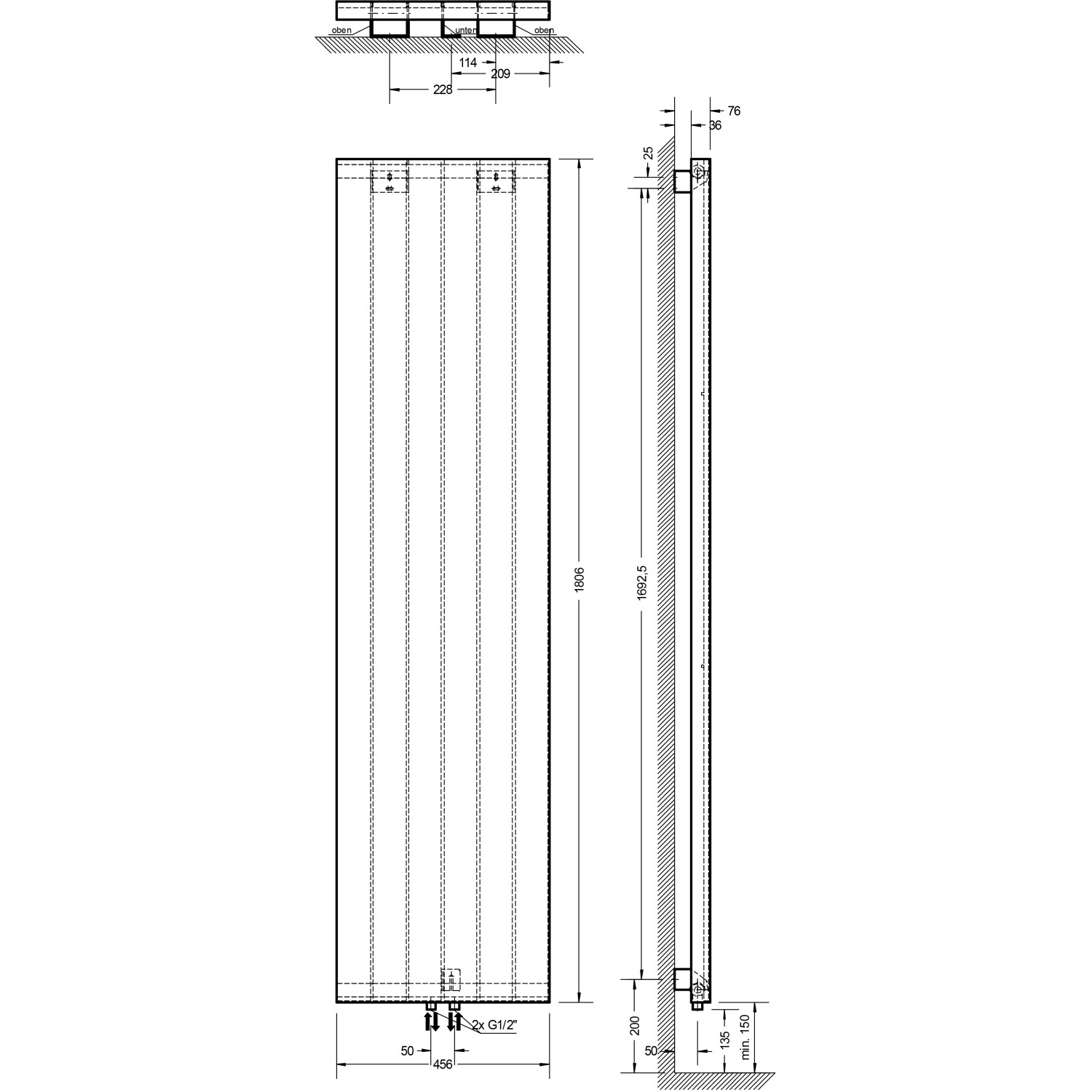 Technische Zeichnung Schulte Design-Heizkörper New York, Pearl Schwarz, mit Maßen und Anschlüssen.