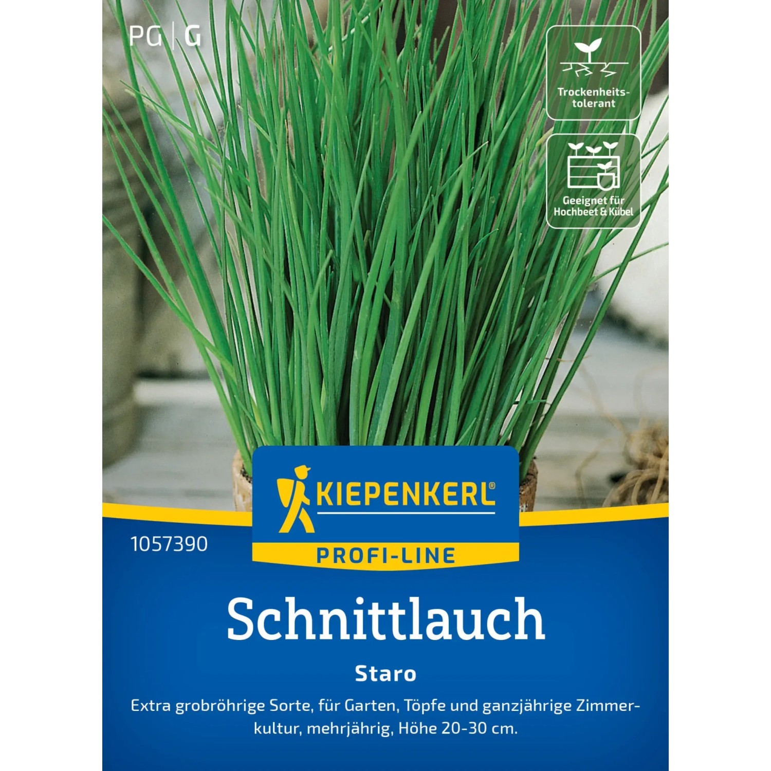 Kiepenkerl Schnittlauch Staro Samenpackung mit grünen Halmen, geeignet für Hochbeet und Kübel.