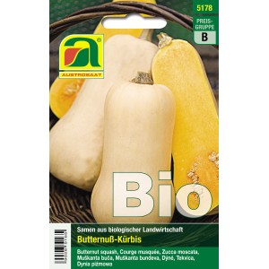 Austrosaat Bio Butternuss Kürbis Samenpackung mit Kürbissen in verschiedenen Reifestadien.